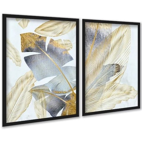 Kit 2 Quadros Folhas Bananeiras Cinza e Dourado 24x18cm:moldura Branca