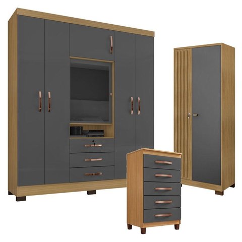 Guarda Roupa Casal Imperial com Cômoda Sapateira Cannes e Armário Multiuo Versatile com Chave Carvah