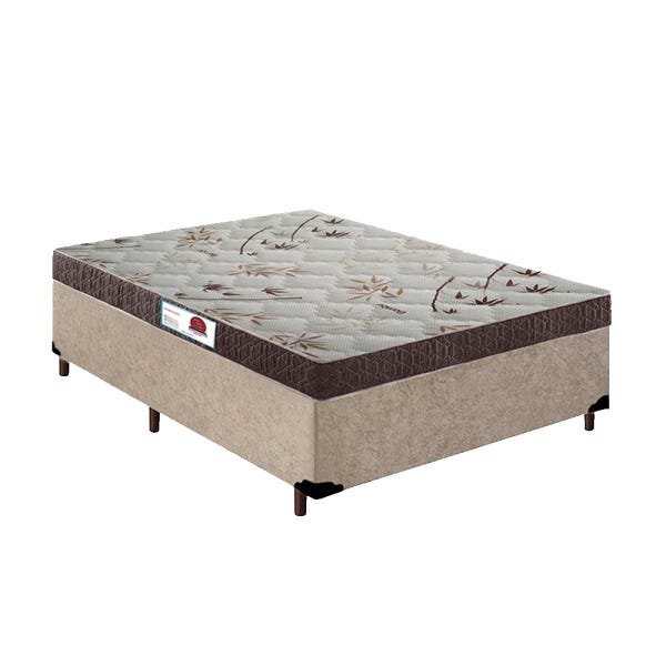 Cama Box Casal Colchão Espuma D33 Bordado + Box Suede Bege Serra Negra 56x138x188