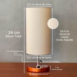 Kit 2 Abajur Luminária de Mesa Redondo Cobre com Interruptor com Cúpula Bege Tecido - 3