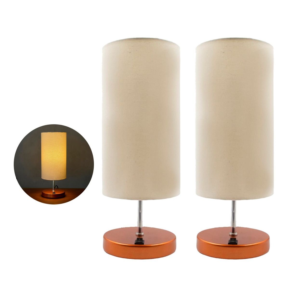 Kit 2 Abajur Luminária de Mesa Redondo Cobre com Interruptor com Cúpula Bege Tecido