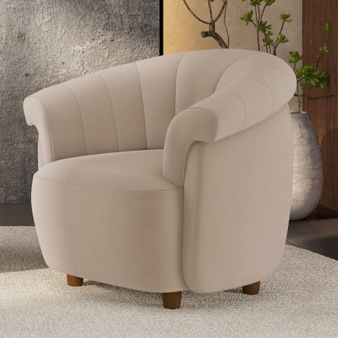 Poltrona Decorativa Latvia 86cm Pés de Madeira Veludo Bege G45 - Gran Belo