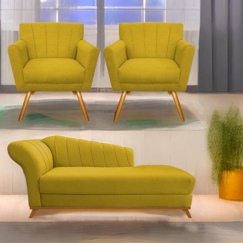 Kit Diva Recamier Vanessa 160cm Lado Direito e 02 Poltronas Laura Suede - Doce Sonho Móveis RECAMIER