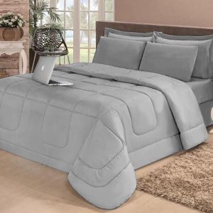 Jogo de cama Casal 6 peças com Edredom e Lençol Casa Dona Cinza