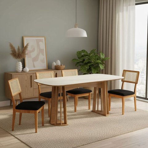 Mesa Jantar 180cm C/ 4 Cadeiras Estofadas para Sala 100% Mdf Cor:off White com Freijó e Courino