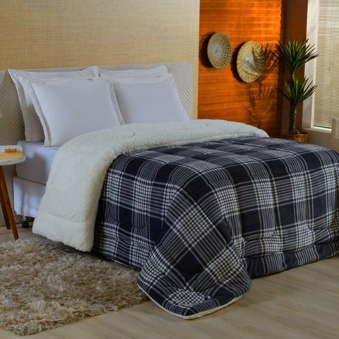 Edredom Coberdrom Sonobom Solteiro Sherpa e Manta - Xadrez Azul Top Chick