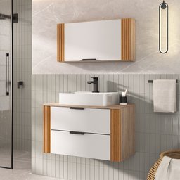 Conjunto Gabinete Banheiro Taos 80cm (armário + Cuba + Espelheira + Tampo Vidro) - 1