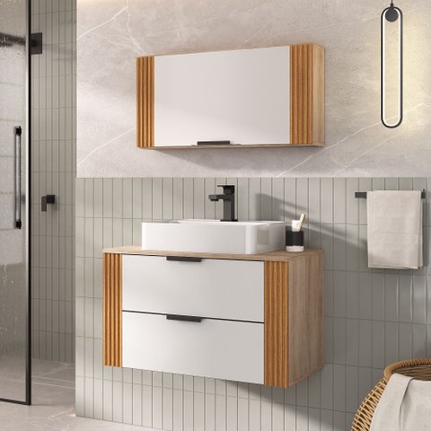 Conjunto Gabinete Banheiro Taos 80cm (armário + Cuba + Espelheira + Tampo Vidro)