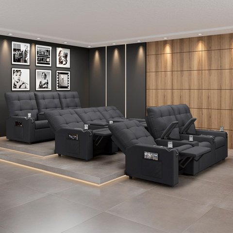 Poltrona do Papai Reclinável Sala de Cinema Movie 3 Lugares Manual Baú USB Veludo Cinza Grafite Gran