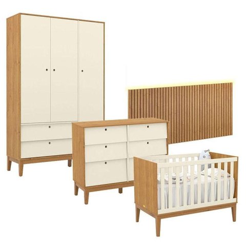 Quarto de Bebê Unique 3 Portas com Cômoda 6 Gavetas e Painel Ripado com Led Freijó Off White Eco