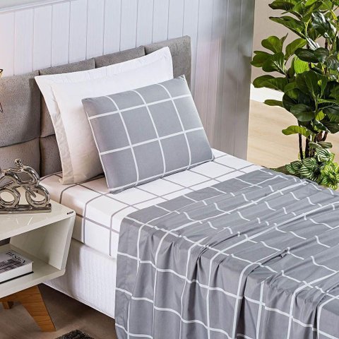 Jogo de Cama Lençol Minimalista Solteiro 03 Peças Micropercal 200 Fios Premium Cinza
