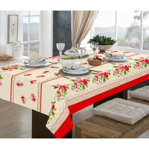 Toalha de Mesa Linhão 4 Lugares Retangular Floral Vermelha