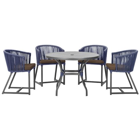 Mesa com 4 Cadeiras de Jantar Roma 100cm e Noronha em Aluminío Preto Corda Nautica Estofado 9 Trama