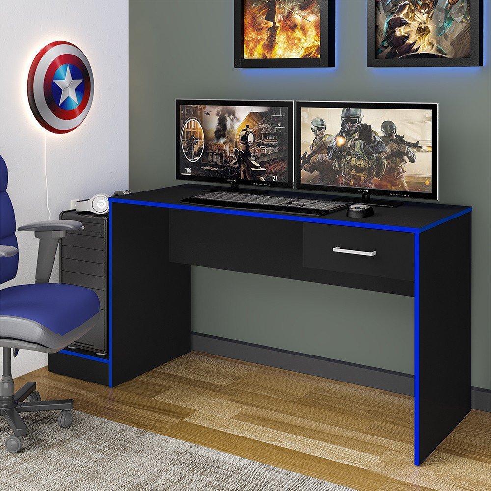 Mesa Gamer Ideal para 2 Monitores Preto/Azul - Pnr Móveis