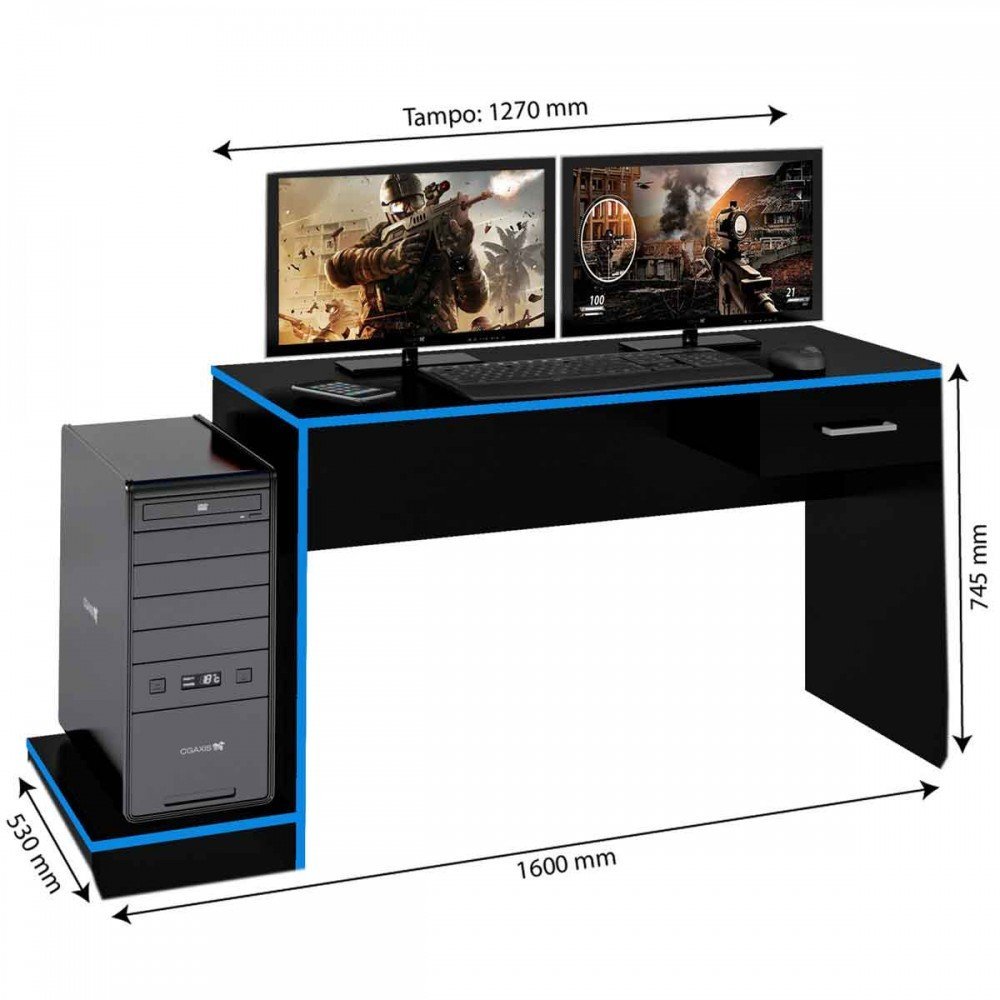 Mesa para Computador Gamer Tech para 2 Monitores 3 Prateleiras Preto -  Panorama Móveis