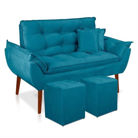 Kit Poltrona Decorativa Namoradeira 2 Puffs Quadrado e 2 Almofadas Suede - Lm Decor Azul Claro