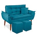 Ver imagem 1 de Kit Poltrona Decorativa Namoradeira 2 Puffs Quadrado e 2 Almofadas Suede - Lm Decor Azul Claro