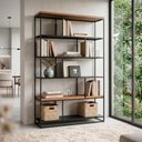 Ver imagem 1 de Estante Divisória em Metal e Madeira com Nichos Prateleiras Decorativa Moderna para Sala Hive Preto/Nozes
