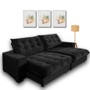 Sofá Retrátil e Reclinável Califórnia Preto 2,30m com Molas Ensacadas.