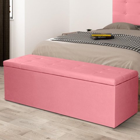Calçadeira Baú Solteiro 0,90m Berlim Suede Rosa Sky Mobile