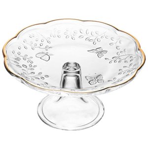 Boleira com Pé Vidro Cristal Prato para Bolo Redondo 19cm Lyor New Butterfly Fio de Ouro
