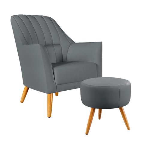 Poltrona Orion Bordada com Puff Solar Suede Cinza Aradecor
