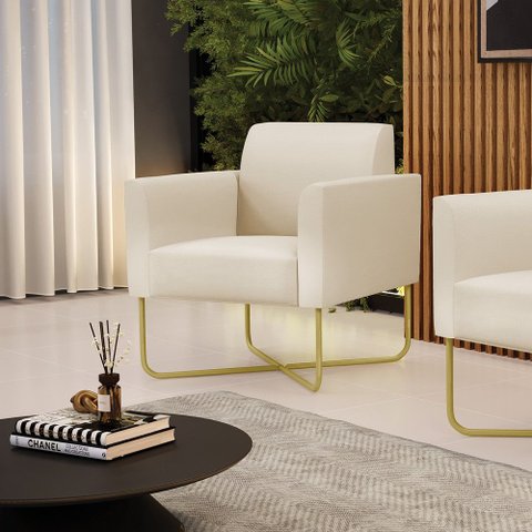 Poltrona Sala Decorativa Marisa Base X Industrial Dourada Sintético D03 - D’Rossi