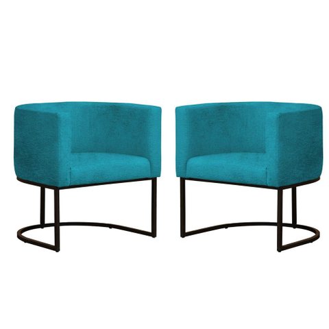 Kit 2 Poltronas Reforçada Decorativa Sala Gabriela Base Ferro Preta Suede Azul Tifany