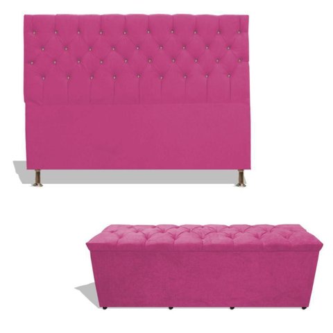 Kit Estrela Cabeceira de Cama Box Casal 140 Cm + Calçadeira Baú Suede Rosa Pink Eli Móveis e