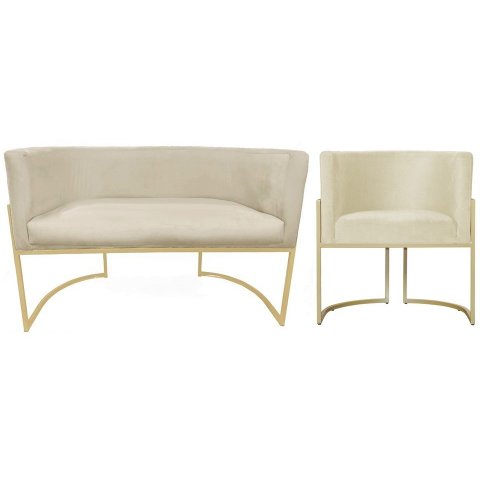 Kit Namoradeira + 1 Poltrona Decorativa Luana Suede Marfim Base Dourada Ms Decor