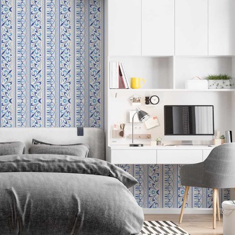 Papel de Parede Textura Arabesco Azul Gh Papel de Parede 2,5m