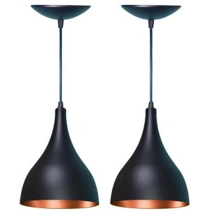 Kit 2 Luminárias Pendente Gota Preta Fosca e Cobre