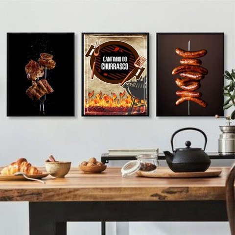 Kit 3 Quadros Cantinho Churrasco Fotografias Carnes 45x34cm:madeira Preta