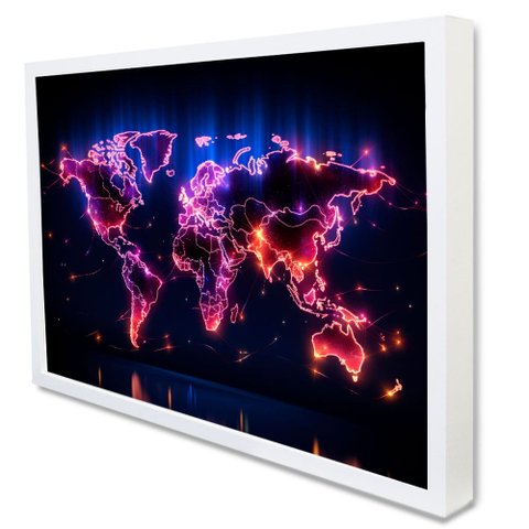 Quadro Decorativo Mapa Mundi Iluminado em Moldura Caixa TaColado Moldura Caixa 3cm Branca com Vidro 
