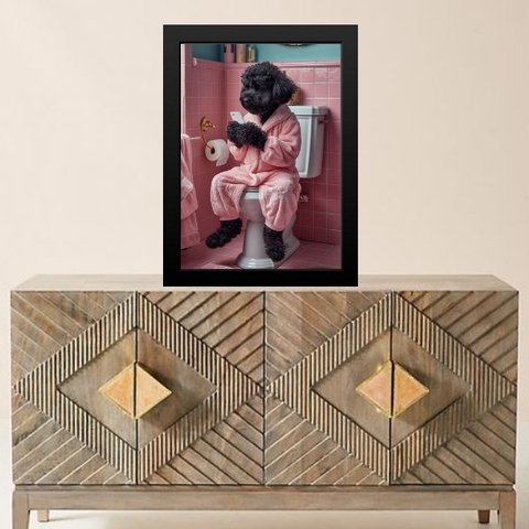 Quadro Divertido Banheiro Rosa - Cachorrinho 45x34cm - com Vidro:moldura Preta