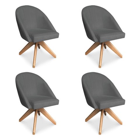 Kit 04 Poltronas Cadeira Giratória Bela Veludo Base de Madeira - Pallazio