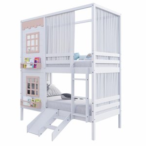 Beliche Casinha Reta 2 Janelas Escorregador Cortina Rosa