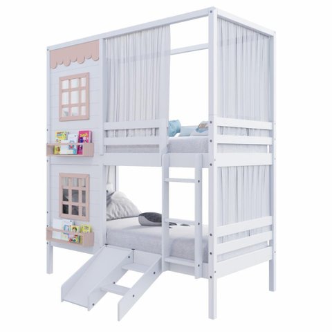 Beliche Casinha Reta 2 Janelas Escorregador Cortina Rosa