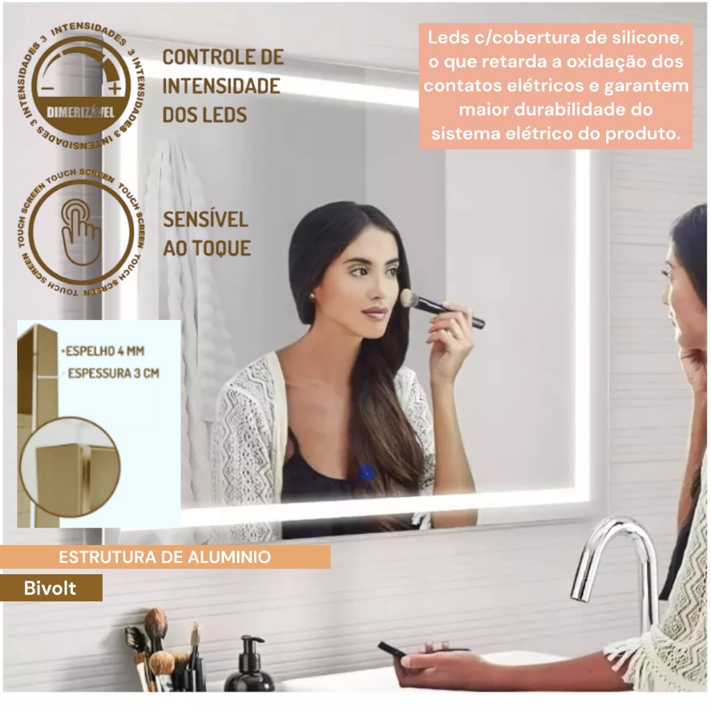 Espelho com Led 60x40 Cm Frontal Embutido Parede para Maquiagem Camarim Penteadeira Bancada Retangul - 1