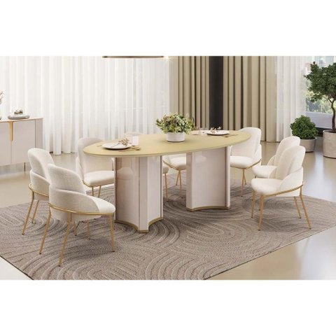 Sala de Jantar Completa Liz C/ Tampo Madeirado C/ Vidro Oval 218x108cm e 8 Cadeiras Vitta Off White/