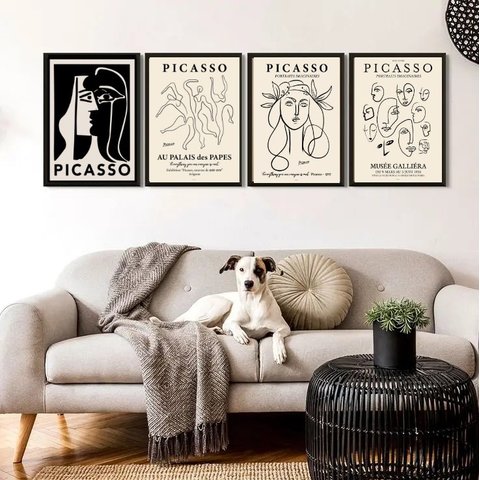 Kit 4 Quadros Minimalistas Obras Picasso 45x34cm - com Vidro:madeira Branca