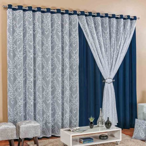 Cortina Capri para Sala Marinho com Renda Varão Simples 3 Metros - Bordados Ricardo 3036m
