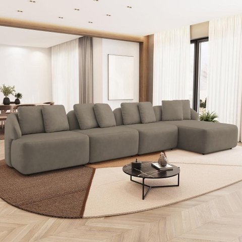 Sofá 5 Lugares com Chaise Direito Sala Living 388cm Arlo F04 Veludo Marrom Claro - Lyam Decor