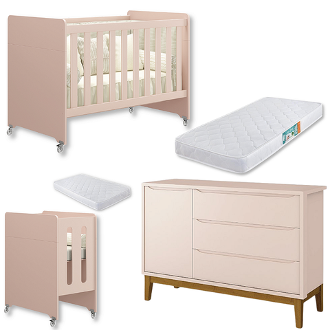 Quarto de Bebê Berço Evolution + Cômoda 1 Porta 3 Gavetas Classic Rosa + 2 Colchões