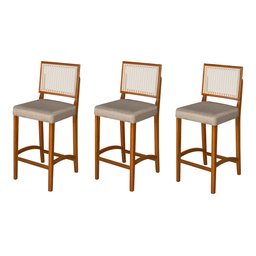 Kit 3 Banquetas Alta Roma Rattan Luxo Balcão Sacada Pés em Madeira Maciça Premium Banco Cor Bege - 1