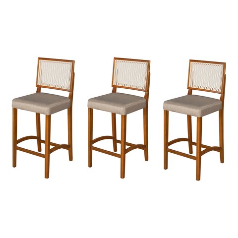 Kit 3 Banquetas Alta Roma Rattan Luxo Balcão Sacada Pés em Madeira Maciça Premium Banco Cor Bege