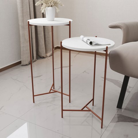 Mesa Lateral Redonda Áquila Cobre e Tampo Branco