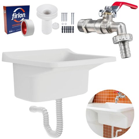 Tanque de Plástico 22l para Lavanderia Branco + Sifão Universal Sanfonado + Fita Veda Rosca + Tornei