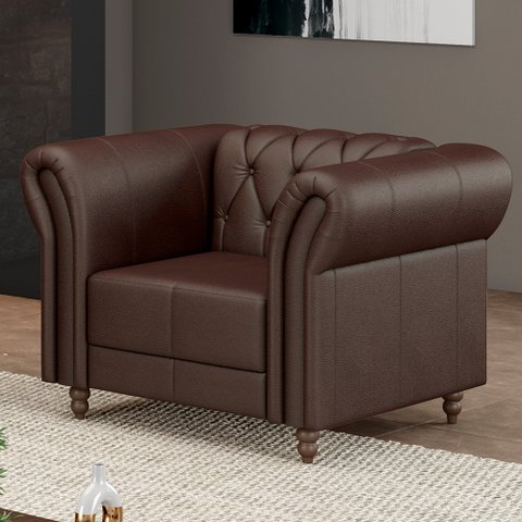 Poltrona Decorativa Sala de Estar Stanford Chesterfield Pés de Madeira Couro Marrom Brilho G58 - Gra
