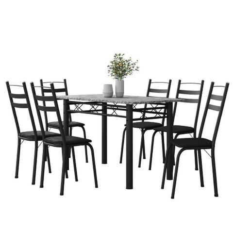 Conjunto de Mesa Sala de Jantar Leia com 6 Cadeiras Tubular Granito 1,40m Artefamol Preto